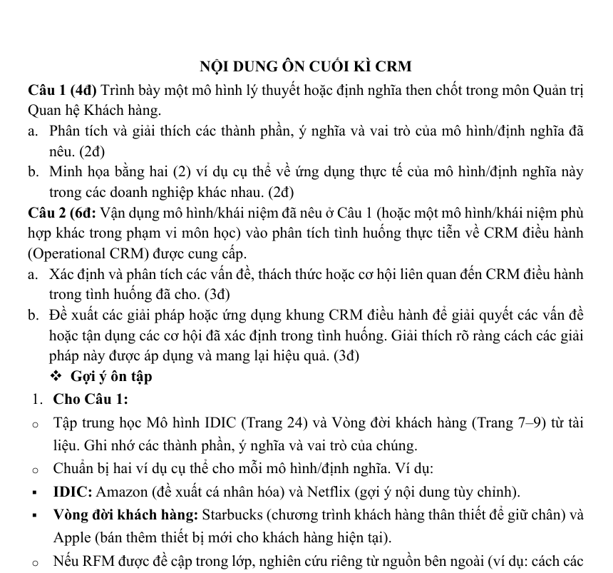 Nội Dung Ôn Cuối Kỳ Quản Trị Quan Hệ Khách Hàng